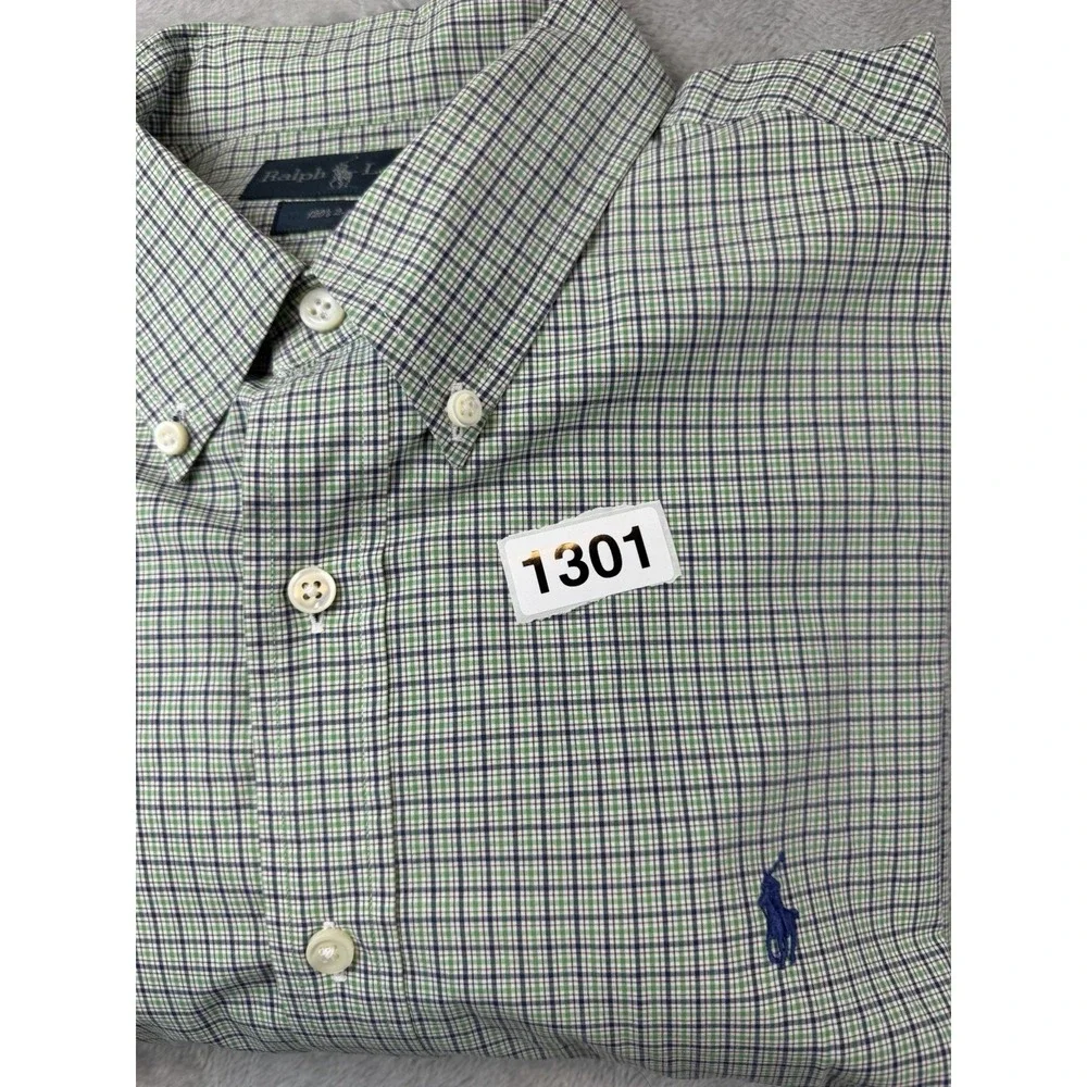 Ralph Lauren Shirt Mens‎ XL Long Sleeve Green Blue Check Plaid 120's 2-ply